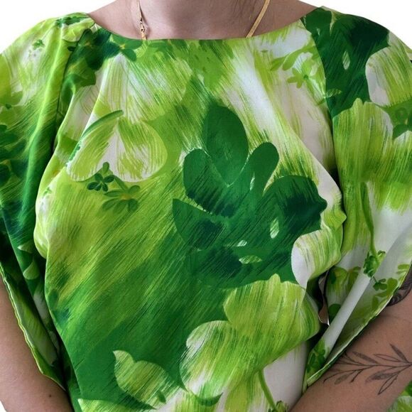 Vintage Pomare 1960s Psychedelic Green Floral Tropical Hawaiian Tiki Maxi Dress - Picture 4 of 9